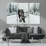 13316292-MGV-CV-36X24-Moose in Snow Wall Art Canvas Print, Framed Winter Wildlife Art Picture Print, Snowy Forest Scene Perfect Rustic Lodge Decor