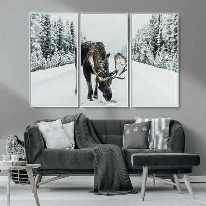 13316292-MGV-CV-36X24-Moose in Snow Wall Art Canvas Print, Framed Winter Wildlife Art Picture Print, Snowy Forest Scene Perfect Rustic Lodge Decor
