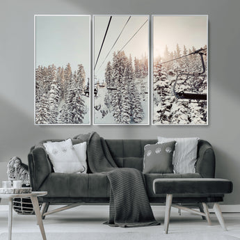 91534512-MGV-CV-36X24-Frosty Pines Wall Art Canvas Print, Framed Cozy Cabin View Art Picture Print, Ski Lift Ride Perfect Rustic Lodge Decor Artwork