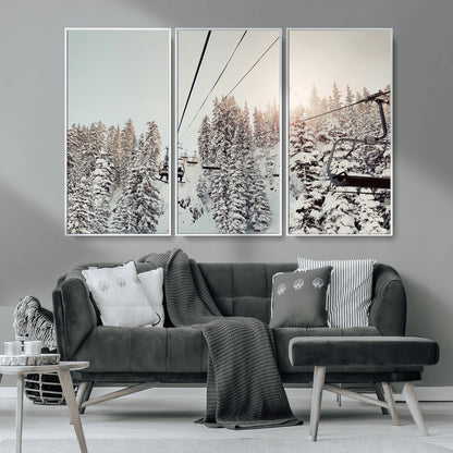 91534512-MGV-CV-36X24-Frosty Pines Wall Art Canvas Print, Framed Cozy Cabin View Art Picture Print, Ski Lift Ride Perfect Rustic Lodge Decor Artwork