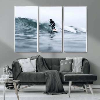 11693607-MGV-CV-36X24-Surfer on Wave Wall Art Canvas Print, Framed Ocean Adventure Art Picture Print, Motion Blur Water Perfect Coastal Adventure Decor