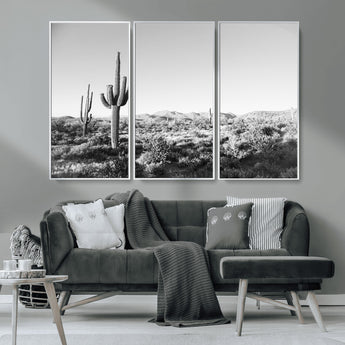 85205054-MGV-CV-36X24-Saguaro Cactus Wall Art Canvas Print, Framed Monochrome Landscape Art Picture Print, Scenic Arizona View Perfect Minimalist