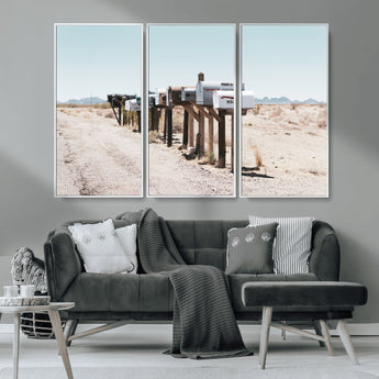 54616109-MGV-CV-36X24-Desert Mailboxes Wall Art – Rustic Rural Roadside Photography Canvas Print, American Southwest Landscape Home Decor for Living