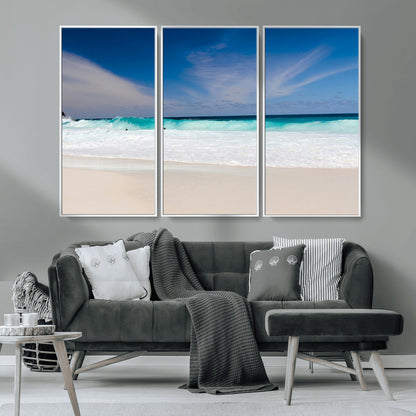 55017356-MGV-CV-36X24-Ocean Beach Wall Art – Turquoise Wave and White Sand Shoreline Canvas Print, Coastal Seascape Photography Decor for Living Room,