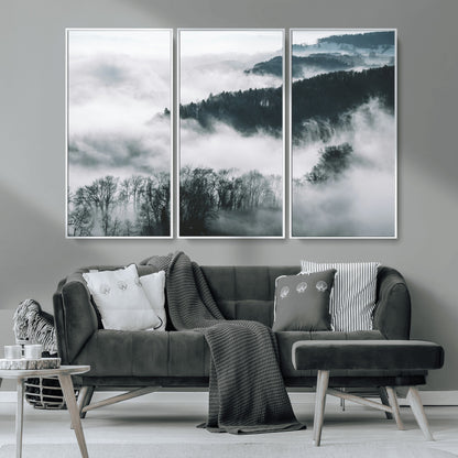 67569654-MGV-CV-36X24-Foggy Forest Wall Art – Mist Covered Hills and Trees Landscape Canvas Print, Moody Nature Photography Decor for Living Room,