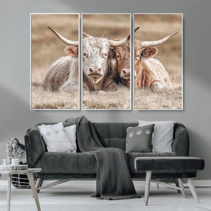 38651722-MGV-CV-36X24-Cow Wall Art – Rustic Longhorn Pair Canvas Print, Western Farmhouse Animal Painting, Country Ranch Decor for Living Room, Bedroom,