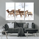 41416314-MGV-CV-36X24-Elk Wall Art – Wildlife Herd Canvas Print in Snowy Landscape, Rustic Nature Painting, Western Cabin Lodge Decor for Living Room,