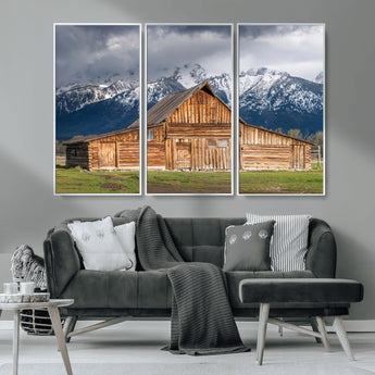 15173627-MGV-CV-36X24-Barn Wall Art – Rustic Wooden Cabin Canvas Print with Snowy Mountain Landscape, Western Farmhouse Country Decor for Living Room,