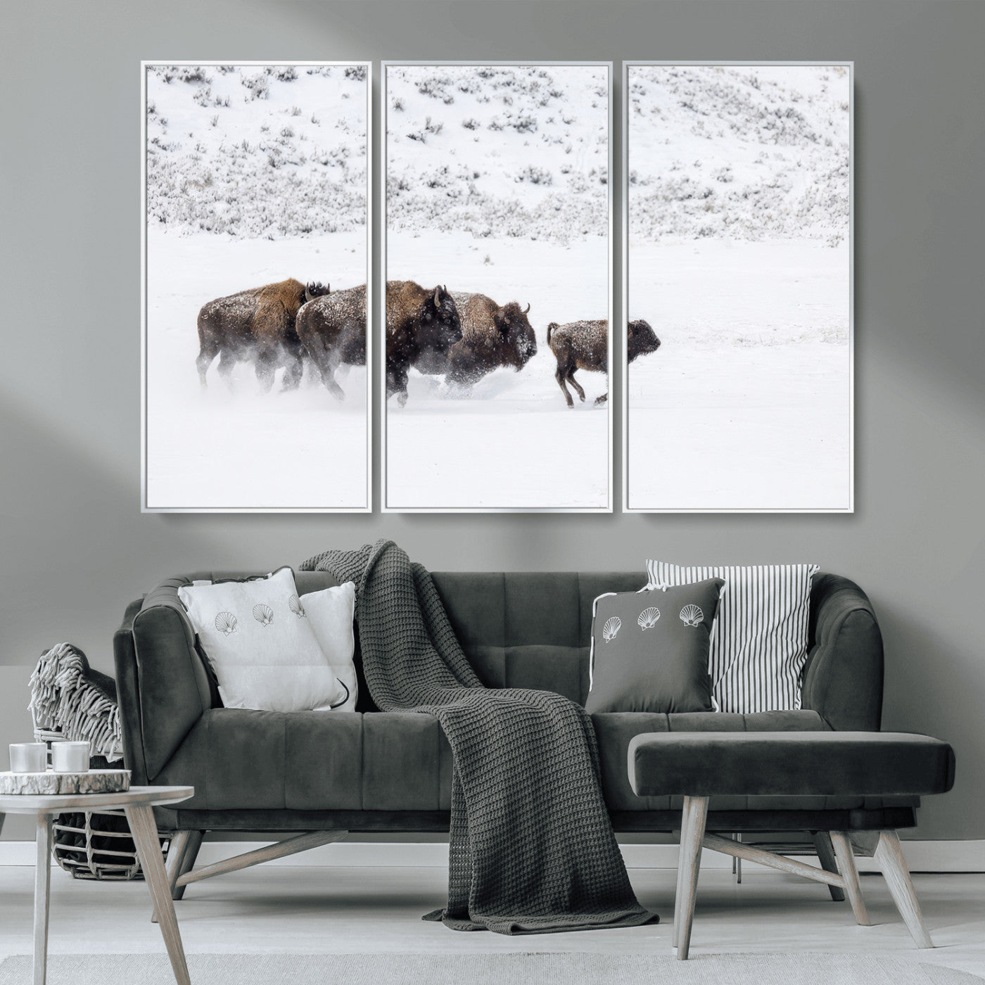 61161423-MGV-CV-36X24-Running Bison Herd Wall Art – Winter Buffalo Canvas Print, Wildlife Photography Decor for Rustic Living Room, Farmhouse, Lodge,