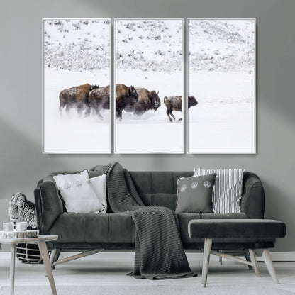 61161423-MGV-CV-36X24-Running Bison Herd Wall Art – Winter Buffalo Canvas Print, Wildlife Photography Decor for Rustic Living Room, Farmhouse, Lodge,