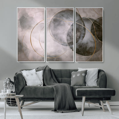 20066876-MGV-CV-36X24-Neutral Abstract Circle Wall Art – Modern Gray Beige Gold Canvas Print, Minimalist Geometric Painting for Bedroom, Living Room,