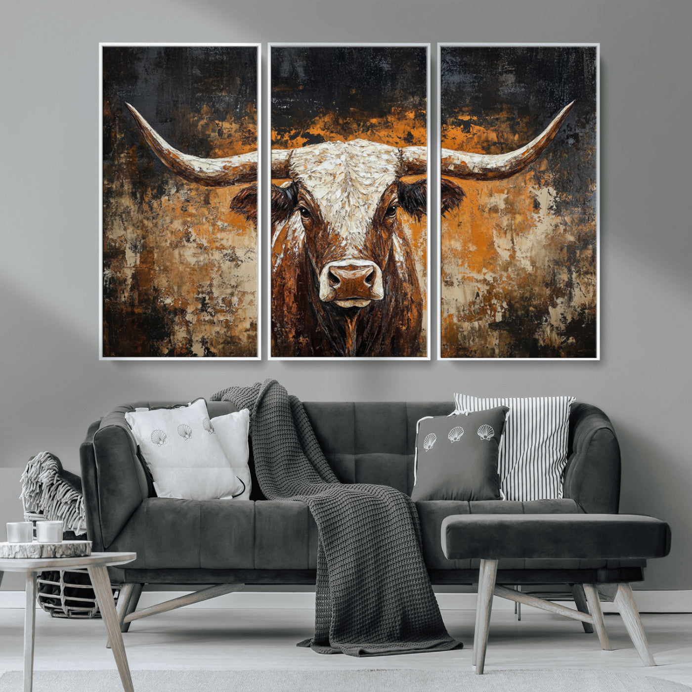 25265572-MGV-CV-36X24-Longhorn Bull Wall Art – Rustic Western Texas Steer Canvas Print, Textured Animal Painting for Home, Office, Man Cave or Farmhouse