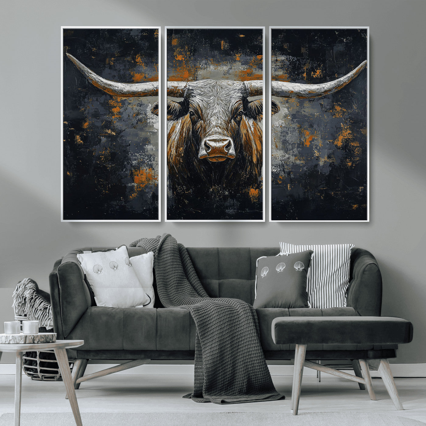 93195031-MGV-CV-36X24-Dark Longhorn Bull Wall Art – Western Steer Canvas Print, Moody Rustic Animal Painting for Man Cave, Ranch House, Office or Modern