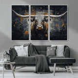 93195031-MGV-CV-36X24-Dark Longhorn Bull Wall Art – Western Steer Canvas Print, Moody Rustic Animal Painting for Man Cave, Ranch House, Office or Modern