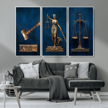 91629053-MGV-FC-48X32-3P_White-Lady Justice Wall Art – Golden Gavel and Scales Canvas Print, Elegant Legal Office Decor for Lawyers, Judges, Courtroom or Study