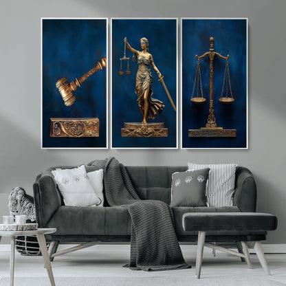 91629053-MGV-FC-48X32-3P_White-Lady Justice Wall Art – Golden Gavel and Scales Canvas Print, Elegant Legal Office Decor for Lawyers, Judges, Courtroom or Study
