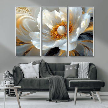 39604126-MGV-CV-36X24-Abstract Flower Wall Art – Elegant White and Gold Bloom Canvas Print, Modern Floral Artwork for Bedroom, Living Room, or Office