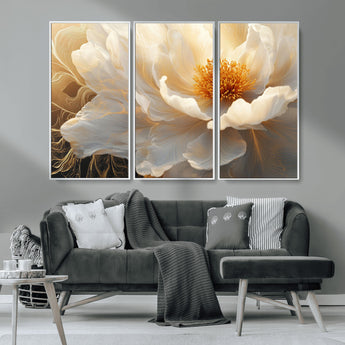 29539087-MGV-CV-36X24-Floral Wall Art – Elegant White and Gold Bloom Canvas Print, Romantic Modern Flower Artwork for Bedroom, Living Room, or Office