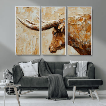 69611428-MGV-CV-36X24-Longhorn Bull Wall Art – Rustic Western Canvas Print, Textured Farmhouse Cattle Painting for Living Room, Office, or Ranch House