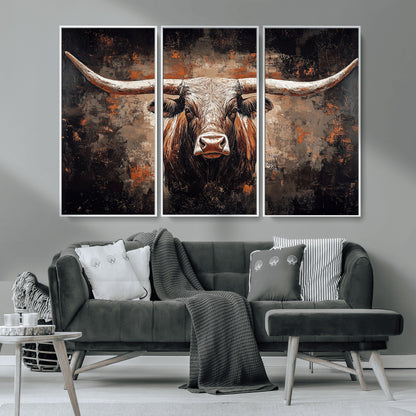 24779067-MGV-CV-36X24-Longhorn Bull Wall Art – Western Rustic Canvas Print, Bold Cowboy Cattle Painting for Ranch House, Farmhouse, Office, or Living
