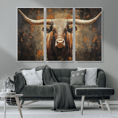 19204445-MGV-CV-36X24-Texas Longhorn Bull Wall Art – Rustic Western Canvas Print, Bold Cowboy Cattle Painting for Ranch House, Farmhouse, Office, or