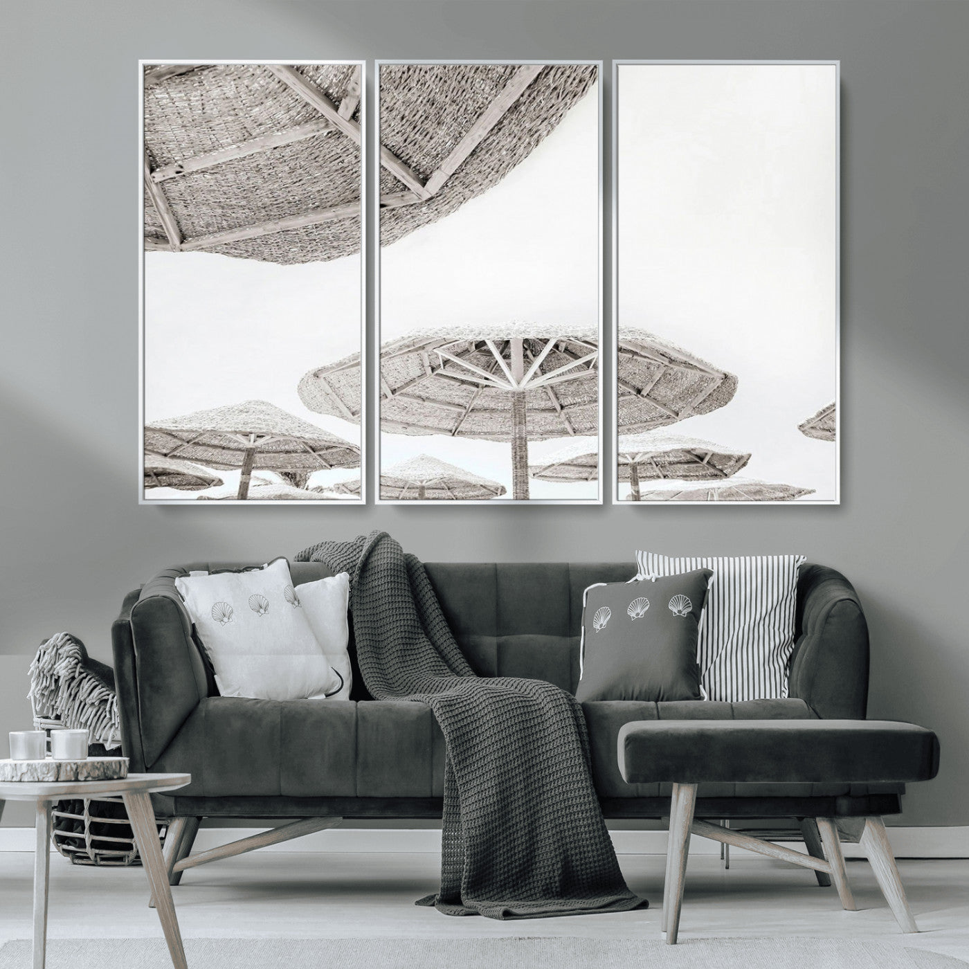 97043123-MGV-CV-36X24-Beach Umbrella Wall Art – Minimalist Coastal Canvas Print, Woven Parasol Summer Decor for Bedroom, Living Room, or Modern Beach