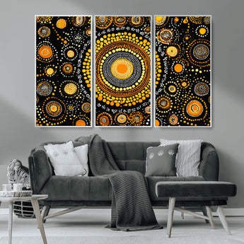 45478523-MGV-CV-36X24-Abstract Circle Wall Art – Bold Black and Gold Dot Painting Canvas Print, Modern Geometric Mandala Style Decor for Living Room or