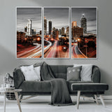 59097239-MGV-CV-36X24-City Skyline Wall Art – Modern Black and White Night Canvas Print with Red Light Trails, Urban Landscape Decor for Living Room or