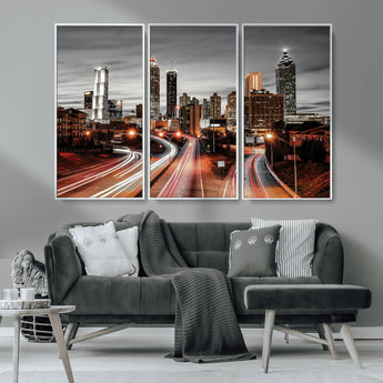 59097239-MGV-CV-36X24-City Skyline Wall Art – Modern Black and White Night Canvas Print with Red Light Trails, Urban Landscape Decor for Living Room or