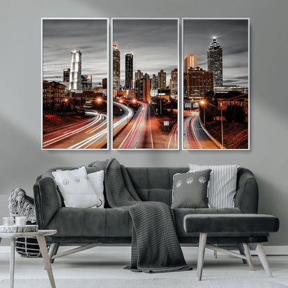 59097239-MGV-CV-36X24-City Skyline Wall Art – Modern Black and White Night Canvas Print with Red Light Trails, Urban Landscape Decor for Living Room or
