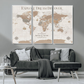 63516865-MGV-CV-36X24-Explore Dream Discover World Map Wall Art – Inspirational Travel Adventure Canvas Print, Neutral Parchment Style Explorer Decor