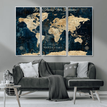 36970886-MGV-FC-48X32-3P_White-Life is a Journey Not a Destination World Map Rustic Navy Beige Vintage Travel Wall Art Adventure Quote Canvas Print for Home