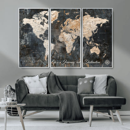 37848568-MGV-CV-36X24-Life is a Journey Not a Destination World Map Rustic Wood Texture Vintage Beige Navy Adventure Wall Art Canvas Print for Home