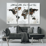 88337180-MGV-CV-36X24-Little by Little One Travels Far Tolkien Quote World Map Rustic Black Brown Adventure Wall Art Canvas Print for Home Office Living