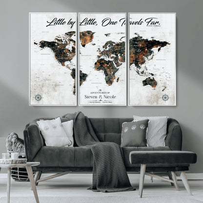 88337180-MGV-CV-36X24-Little by Little One Travels Far Tolkien Quote World Map Rustic Black Brown Adventure Wall Art Canvas Print for Home Office Living