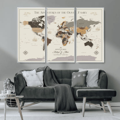 38723540-MGV-CV-36X24-Adventures of the Oliver Family Wall Art – Earth Tone World Map Canvas Print, Minimalist Travel Decor for Living Room, Bedroom or