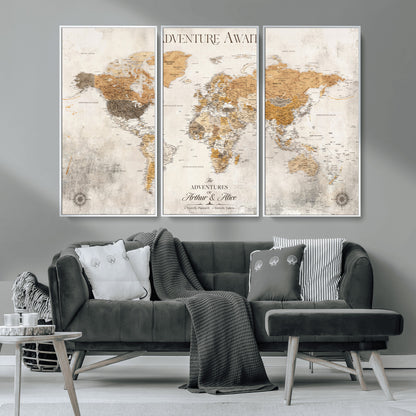 99422096-MGV-CV-36X24-Adventure Awaits World Map Wall Art – Neutral Beige Canvas Print, Modern Travel Inspired Wall Decor for Living Room, Bedroom or