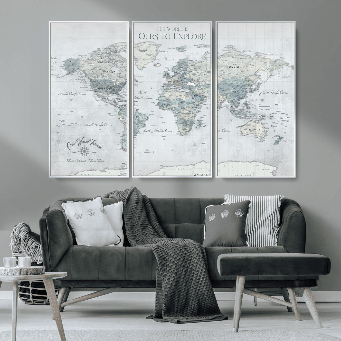 94249974-MGV-FC-48X32-3P_White-Ours Explore World Map Wall Art – Modern Travel Canvas Print, Neutral Adventure Decor for Living Room, Office, Study, Bedroom,