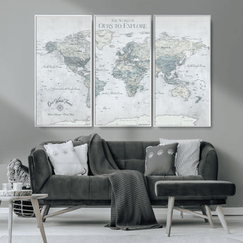 94249974-MGV-FC-48X32-3P_White-Ours Explore World Map Wall Art – Modern Travel Canvas Print, Neutral Adventure Decor for Living Room, Office, Study, Bedroom,