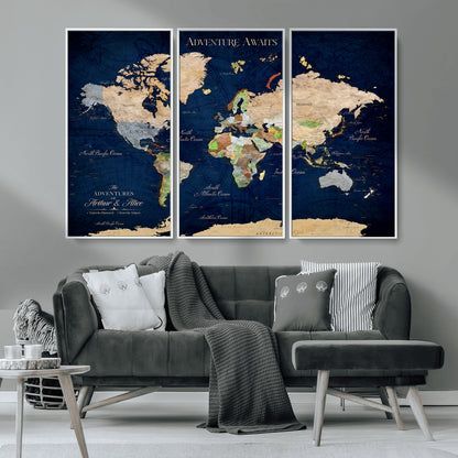 43160428-MGV-CV-36X24-Adventure Awaits Navy Blue World Map – Vibrant Travel Canvas Wall Art, Antique Atlas Print, Wanderlust Decor for Home Office