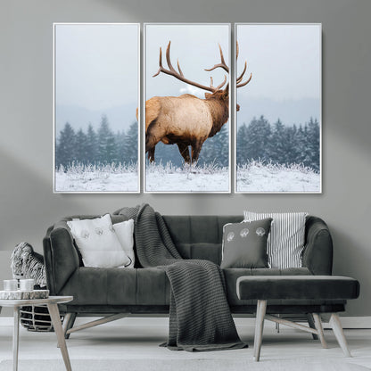 85177251-MGV-CV-36X24-Elk Wall Art – Majestic Wildlife Canvas Print of Bull Elk Snowy Forest, Rustic Nature Decor for Living Room, Cabin, or Office