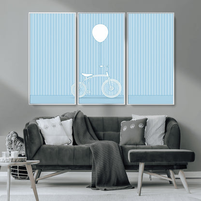 56479838-MGV-CV-36X24-Bicycle Wall Art – Minimalist Blue Canvas Print with Balloon Illustration, Modern Decor Artwork for Kids Room, Nursery, or Living