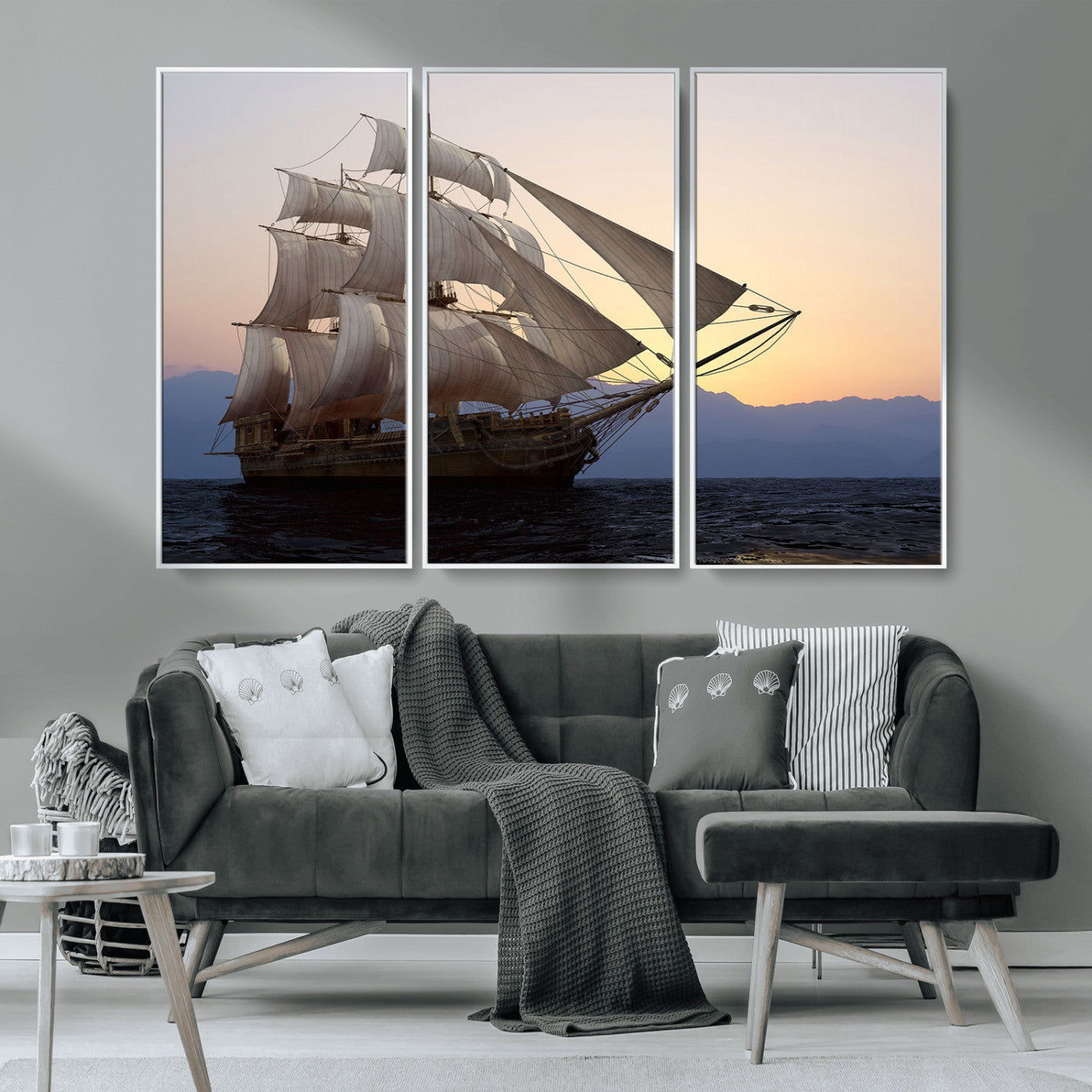 31270610-MGV-CV-36X24-Sailing Ship Wall Art – Sunset Seascape Canvas Print with Tall Ship at Sea, Nautical Ocean Decor for Living Room, Office, or
