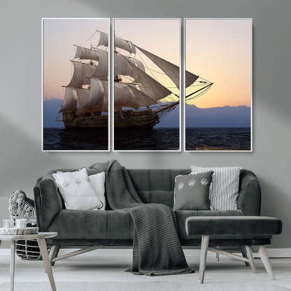 31270610-MGV-CV-36X24-Sailing Ship Wall Art – Sunset Seascape Canvas Print with Tall Ship at Sea, Nautical Ocean Decor for Living Room, Office, or