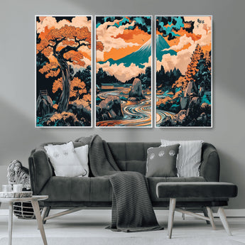 21638941-MGV-CV-36X24-Japanese Landscape Wall Art – Mount Fuji and Flowing River Ukiyo-e Style Canvas Print, Traditional Japan Inspired Artwork for