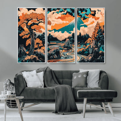 21638941-MGV-CV-36X24-Japanese Landscape Wall Art – Mount Fuji and Flowing River Ukiyo-e Style Canvas Print, Traditional Japan Inspired Artwork for