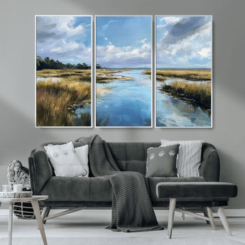 87082041-MGV-CV-36X24-Marshland Landscape Wall Art – Serene Nature Canvas Print with Blue Sky and Reflections, Tranquil Scenic Painting for Living Room,