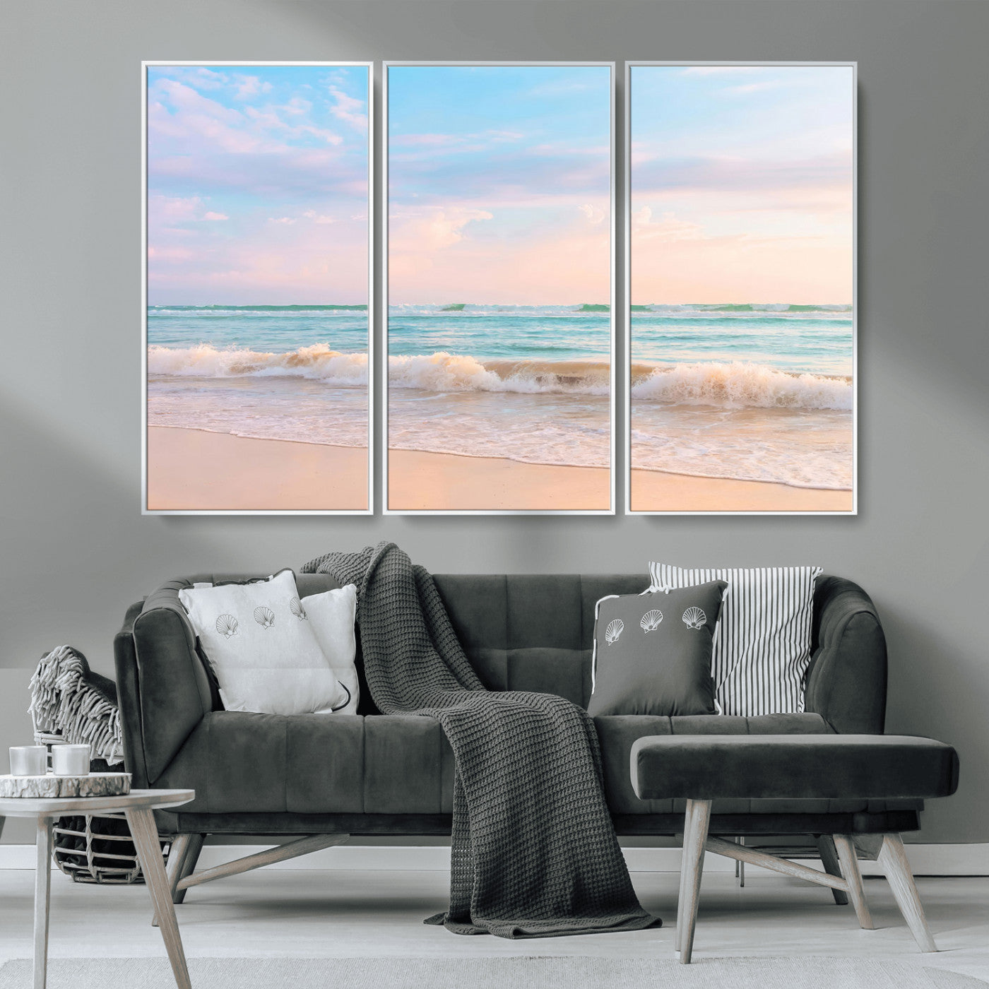 88024944-MGV-CV-36X24-Beach Landscape Wall Art – Coastal Ocean Canvas Print with Gentle Waves and Pastel Sky, Serene Seascape Photography for Living