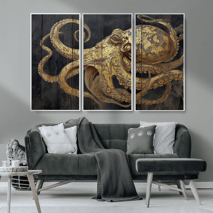 47056538-MGV-CV-36X24-Octopus Wall Art – Gold Nautical Canvas Print with Rustic Wood Texture, Marine Creature Artwork for Coastal Ocean Decoration in