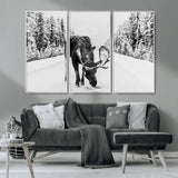 38956835-MGV-CV-36X24-Moose Wall Art – Black and White Wildlife Canvas Print with Snowy Forest Road, Rustic Nature Photography for Cabin, Lodge, Living